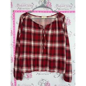 paper tee long sleeve plaid shirt Red Plaid Long Sleeve Tie-Neck Top